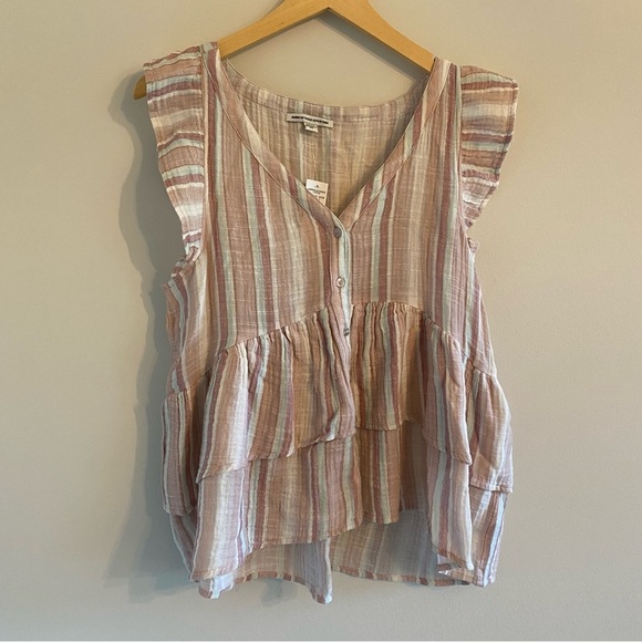 American Eagle Striped Flutter Sleeve Ruffle Tiered Button Up Blouse Small (NWT) - Picture 1 of 6